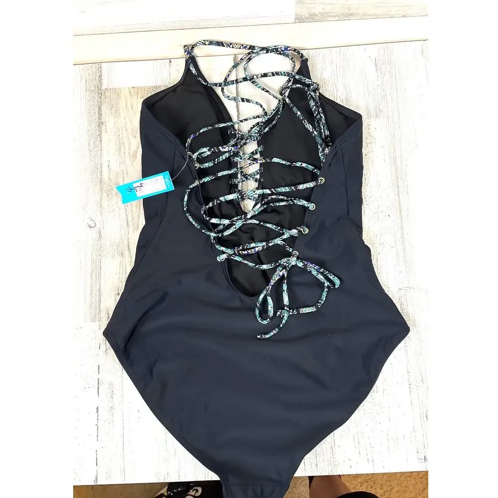 Ambrielle Womens L Black Multi Plunge Lattice One Piece Swimsuit NWT